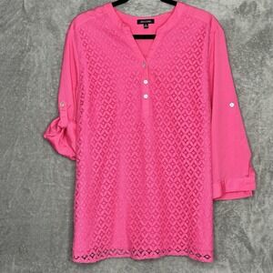 Notations XL Shirt Top Pink Solid Tab 3/4 Sleeve Henley V Neck Lace Over Womens